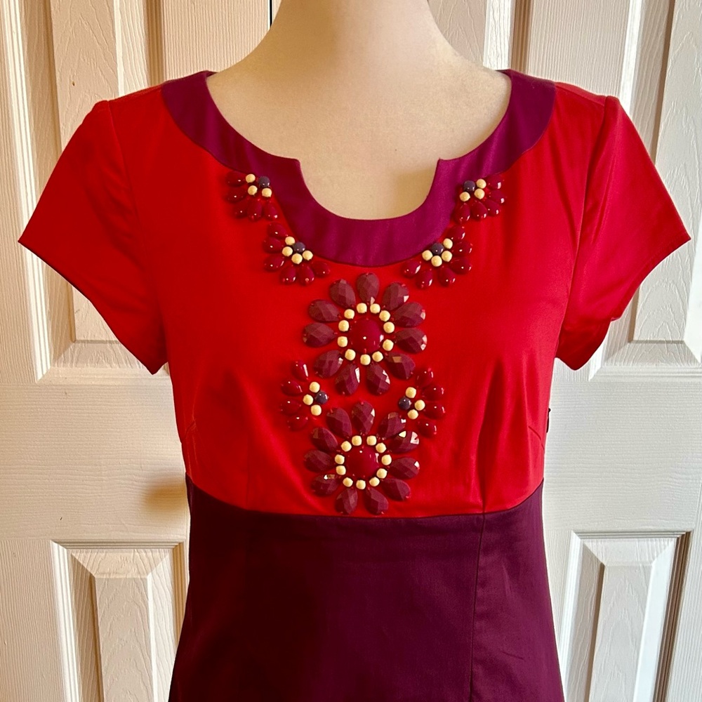 Boden Red and Burgundy Beaded Floral Midi Dress